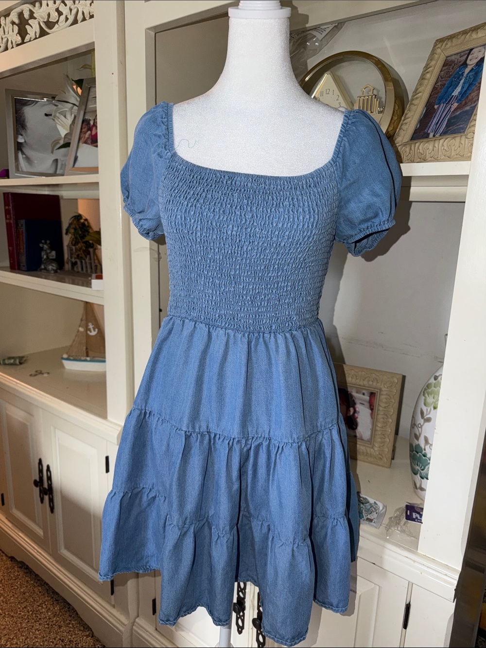 Smocked Blue Puff-Sleeve Mini Dress